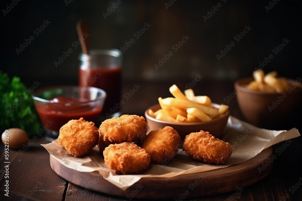 Crispy fried chicken nuggets with fries on a plate and dark background - Created by Generative AI Technology Crispy fried chicken nuggets with fries on a plate and dark background - Created by Generative AI Technology