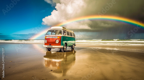 Beach scene with vibrant rainbow and retro-style van parked on the sand photo