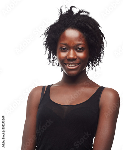 Beauty, portrait and happy black woman with hair care, wellness and facial cosmetics for skincare glow. Natural face makeup, African aesthetic and real person isolated on transparent, png background.