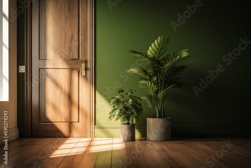 An empty green room with wood laminate floor, white ceramic vase of green plant, and sun light effect. A white door on the right. 3D illustration. Generative AI