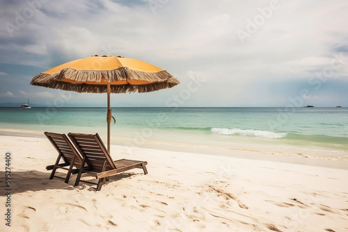 Beach Chair and Umbrella on Sunny Background with Copy Space. Vacation Concept © Thares2020