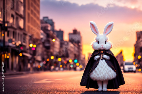 Rabbit superhero. White bunny in fantastic costume. Generative AI.