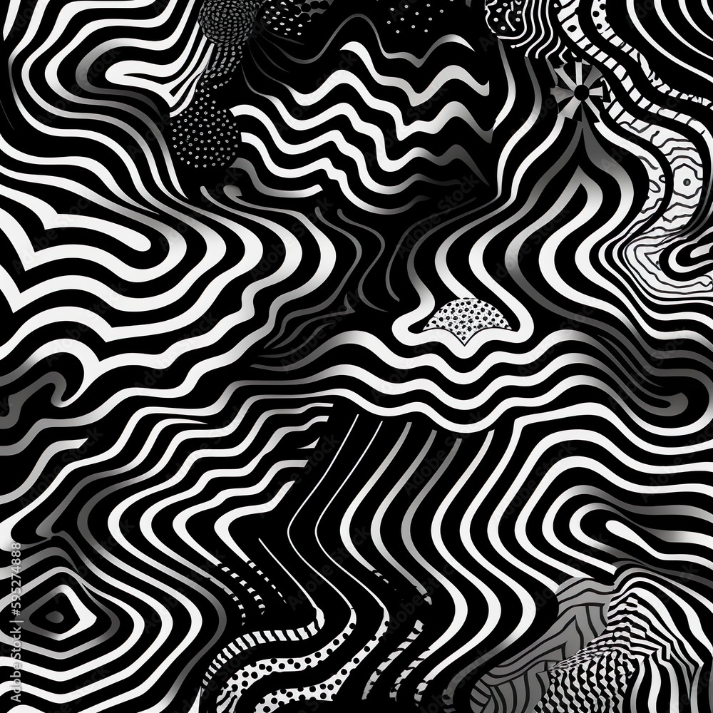 An eye-catching, vector seamless pattern consisting of various striped geometric elements, such as lines, waves, and zigzags, creating a visually striking abstract texture. - Generative AI, Generative
