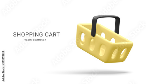 Realistic empty yellow shopping basket. Online store. 3d shopping cart. Vector illustration