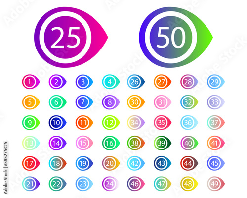 Bullet Points Collection. Colorful Number Icons from One to Fifty flat vector.