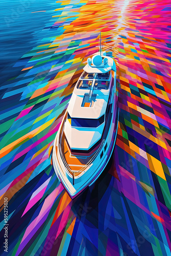 Un superyacht de luxe, dans le style des éclaboussures de couleurs, peintre d'art op, abstractions aériennes, dmitry spiros, ultraviolet
