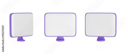  Set of purple monitors display at different position.  Cartoon 3d monitors. . Realistic cartoon  computer monitor icons . Screen mockup. 3D vector illustration