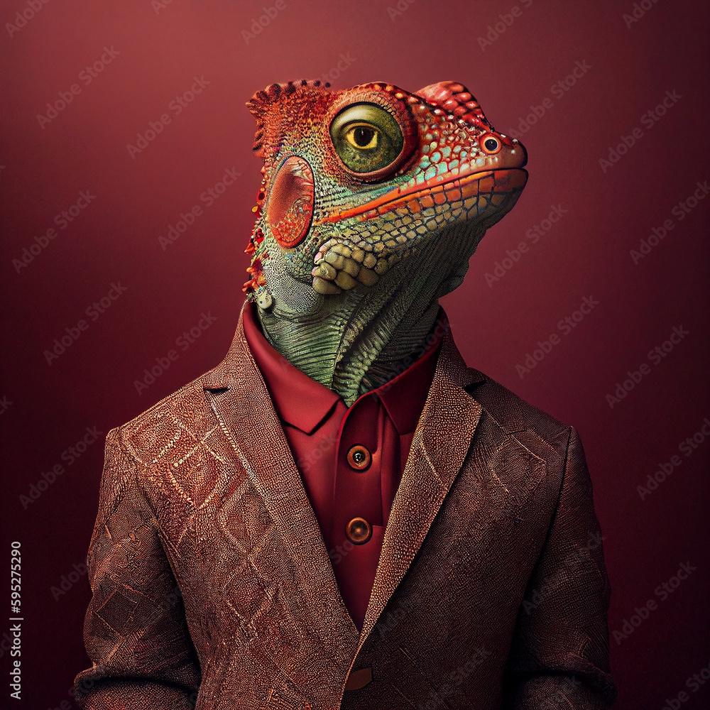 Realistic lifelike chameleon reptile in dapper high end luxury formal suit and shirt, commercial, editorial advertisement, surreal surrealism. Realistic lifelike chameleon reptile in dapper high end luxury formal suit and shirt, commercial, editorial advertisement, surreal surrealism.