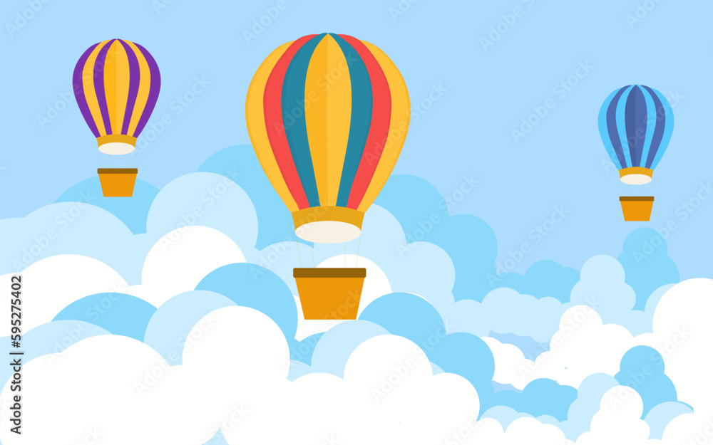 Colorful airballoon, pattern, air transport for travel, leisure and entertainment, design, flat style vector illustration. Bright seamless pattern textile industry, balloons flying across sky outdoor.