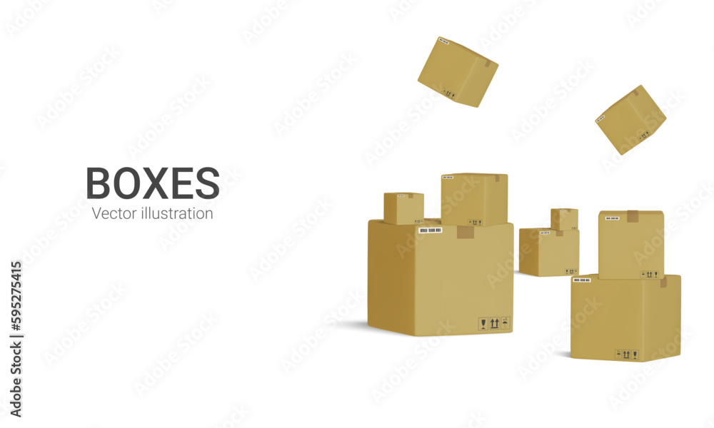 Set of parcels. Template of shopping packages. Cardboard boxes for packing and transportation of goods. 3D Vector concept illustration Set of parcels. Template of shopping packages. Cardboard boxes for packing and transportation of goods. 3D Vector concept illustration