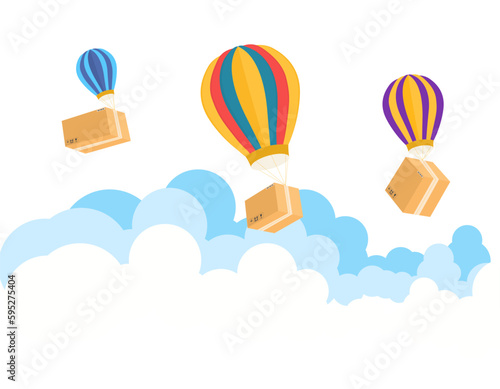 Flat line concept of fast delivery service, package delivery. Delivery boxes fly by parachutes or hot air balloon. E-commerce template. Isolated vector illustration.