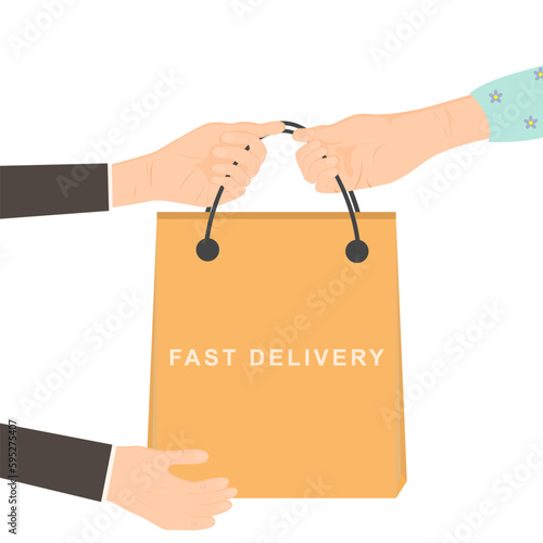 Food delivery. Hands hold food package. Courier gives food package to client. Delivery of a paper bag with food, medicines, from hand to hand. male and female hand. Vector illustration