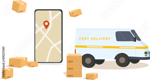 Smartphone fast delivery app: van delivering a box and man tracking order with his smartphone, city street in the background, logistics and technology concept