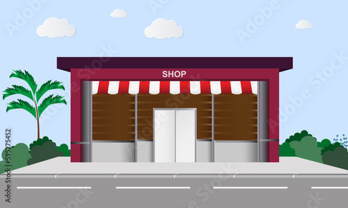 Showcase in city vector illustration, store building on city street. Supermarket, mall built in modern architectural style. real estate for retail or real estate. vector illustration.