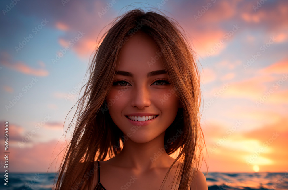 A beautiful girl in a swimsuit poses against the background of the ocean at sunset. Generative AI. A beautiful girl in a swimsuit poses against the background of the ocean at sunset. Generative AI.