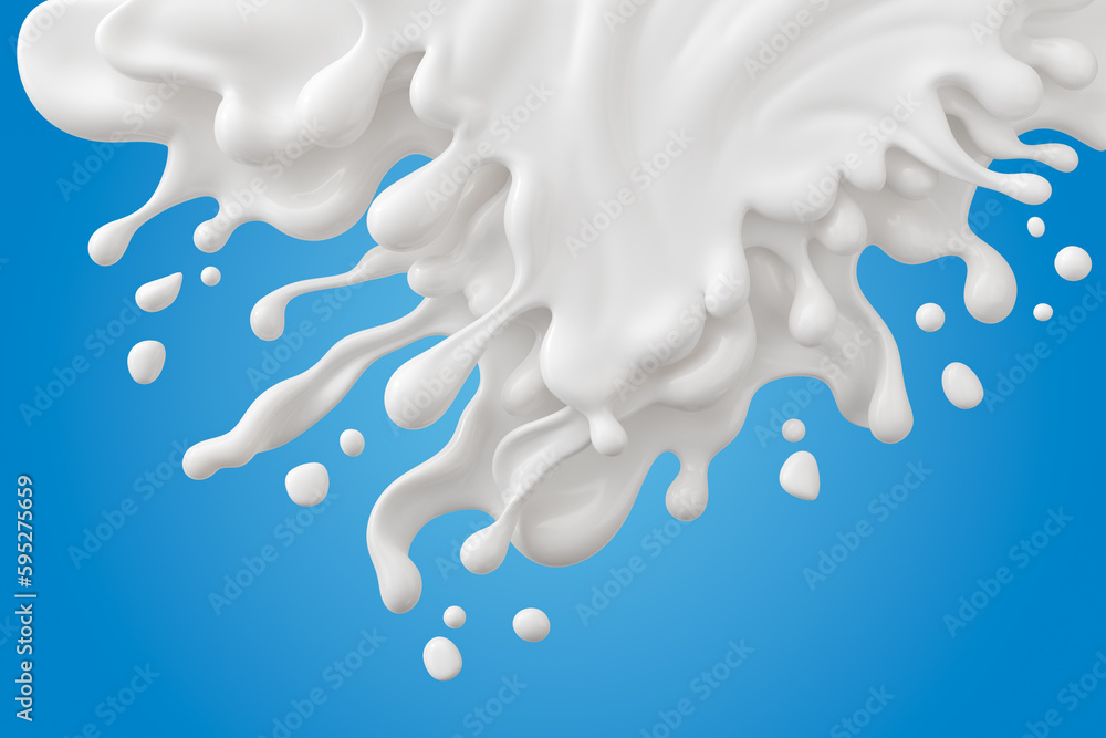 Pouring milk cream with splash on blue background, 3d illustration. Pouring milk cream with splash on blue background, 3d illustration.