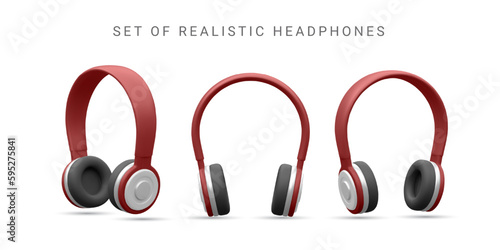 Set of modern professional colorful headphones isolated on white background, realistic vector 3D . Illustrations for Club poster with headphones, dance party flyer, dj event, music album cover.
