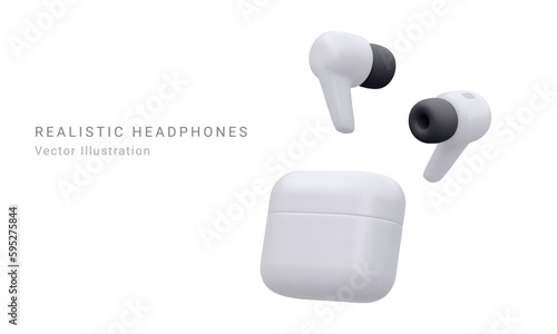 Realistic Detailed white 3d Wireless Headphones Technology Device. Vector illustration of Bluetooth Earbuds in Charging Case. Vector 3D render