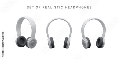 Set of modern professional headphones isolated on white background, realistic vector 3D . Illustrations for Club poster with headphones, dance party flyer, dj event, music album cover.