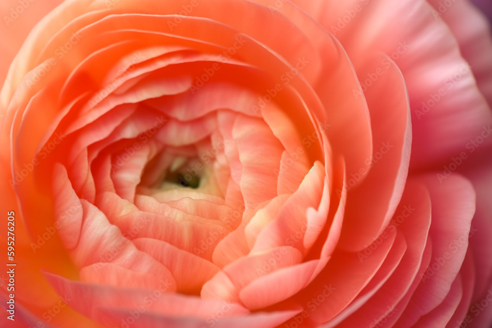 Ranunculus macro shot. Persian buttercup blossom, layered spring flower, selective focus. Natural textured background. AI generated image Ranunculus macro shot. Persian buttercup blossom, layered spring flower, selective focus. Natural textured background. AI generated image