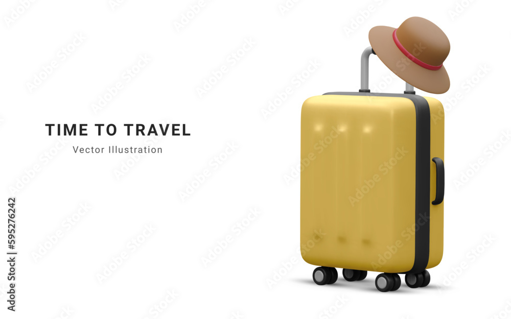 Time to travel promo banner design. Summer 3d realistic render vector objects. Travel trolley bag with summer hat. Summer travel. Vector illustration. Time to travel promo banner design. Summer 3d realistic render vector objects. Travel trolley bag with summer hat. Summer travel. Vector illustration.