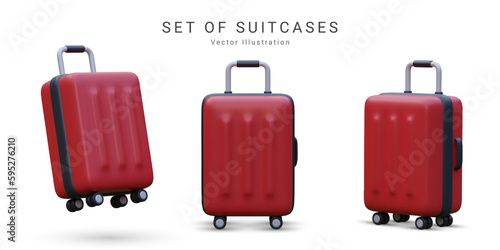 .Set of realistic red  plastic suitcases. Travel bag isolated on white background. 3D Vector Illustration