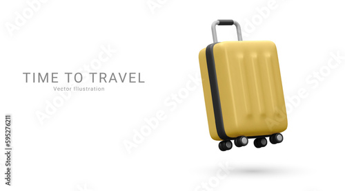 Realistic plastic suitcase. Yellow travel bag isolated on white background. Traveling banner template. 3 D Vector Illustration