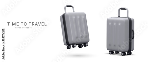Marketing banner time to travel in 3d realistic style with suitcase. Vector illustration