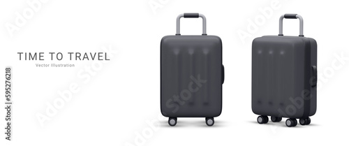 Marketing banner time to travel in 3d realistic style with suitcase. Vector illustration