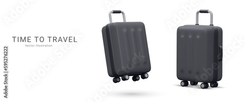 Marketing banner time to travel in 3d realistic style with suitcase. Vector illustration