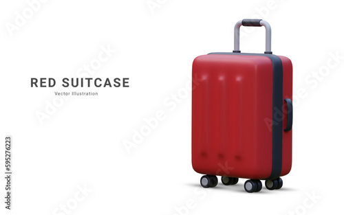 Realistic plastic suitcase. Red travel bag isolated on white background. Traveling banner template. 3 D Vector Illustration