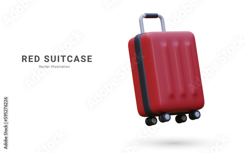 Realistic plastic suitcase. Red travel bag isolated on white background. Traveling banner template. 3 D Vector Illustration