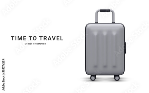Realistic plastic suitcase. White travel bag isolated on white background. Traveling banner template. 3 D Vector Illustration