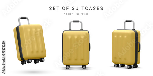 .Set of realistic plastic suitcases. Travel bag isolated on white background. 3D Vector Illustration