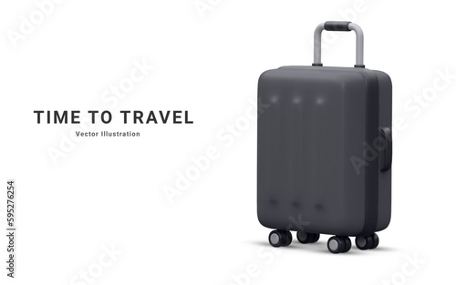Realistic plastic suitcase. Black travel bag isolated on white background. Traveling banner template. 3 D Vector Illustration