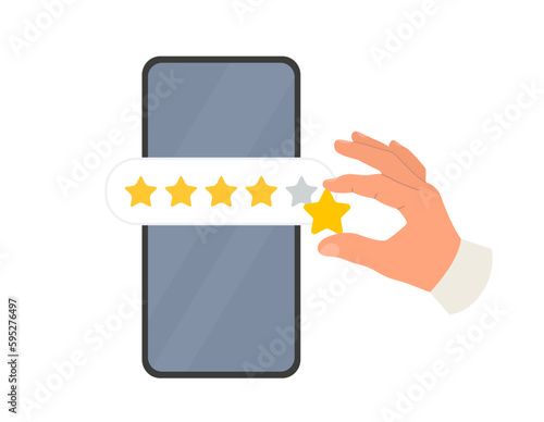 Consumer review and Feedback concept. Mobile rating icon. Human hand leaving comment with 5 stars rating. Vector illustration isolated on white background.