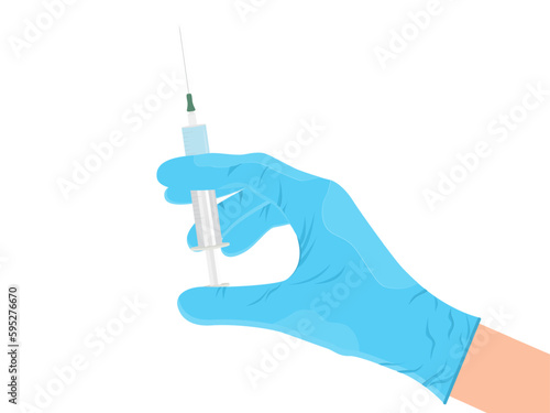Hand in medical blue glove holding syringe with vaccine. Vaccination, filler, botox or medicare concept. Injection syringe with sharp needle in hand. Coronavirus vaccine. Vector  illustration.