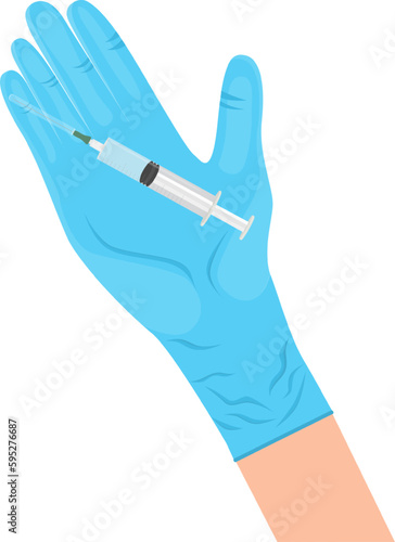 Hand holding syringe. Coronavirus vaccination, health care injection, treatment.. or cosmetology. Preventive measures to protect against disease. Medical concept, injection dose. Vector illustration.