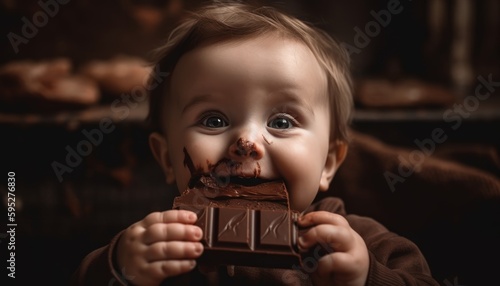 A cute child eating chocolate, with face covered in chocolate ai, ai generative, illustration