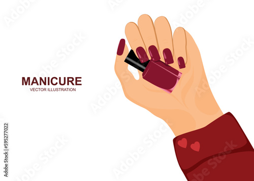 Beautiful female hands holds nail polish bottle. Manicure illustrations isolated on white. Red nails. Design for beauty salon, print, decorative card. Vector illustration