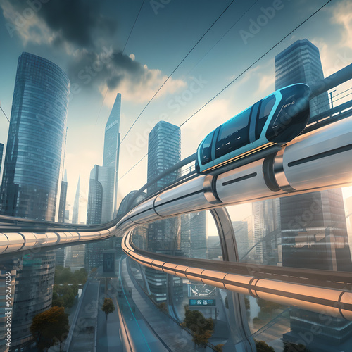 A monorail winding its way through a futuristic city