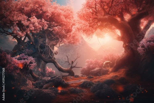 Spring cherry blossom fantasy fairytale wallpaper or wall decor illustration. Generative AI