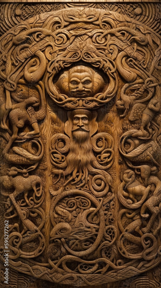 ancient viking artwork depiction of odin woodwork di , Generative AI