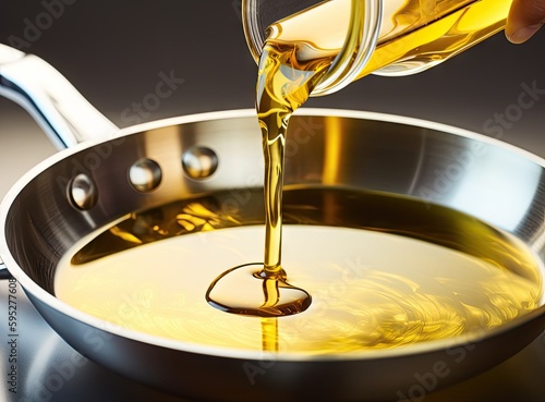 Vászonkép Woman pouring cooking oil from bottle into frying pan on stove, closeup created