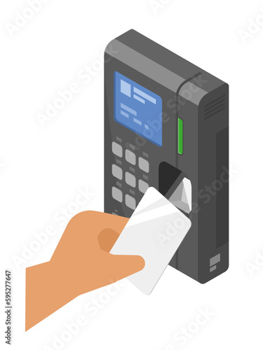Clocking machine time recorder employee working Punch clock card reader with hand isometric isolated symbols vector