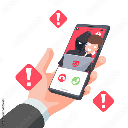 Thief disguised calls center on smartphones. Hacker fraud scam and steal private data on devices. Vector illustration flat design for cyber security awareness concept.