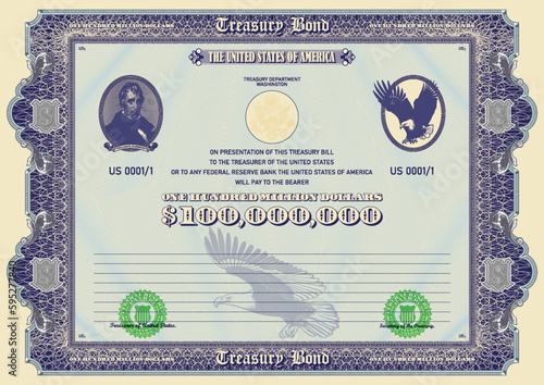 Vector blue treasury bond with a face value of one hundred million US dollars. Retro frame with guilloche pattern. Ribbon with the inscription William Harrison. Flying eagle.