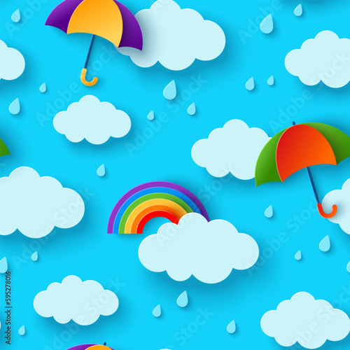 Seamless pattern beautiful fluffy clouds, colorful umbrella on blue background with rainbow. Vector illustration. Paper cut children style. Overcast sky with rain, monsoon season, weather wallpaper