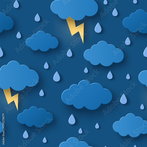 Seamless pattern overcast sky, thunder and lightning. Rainy day monsoon concept background with dark clouds. Vector illustration. Monsoon season, weather wallpaper