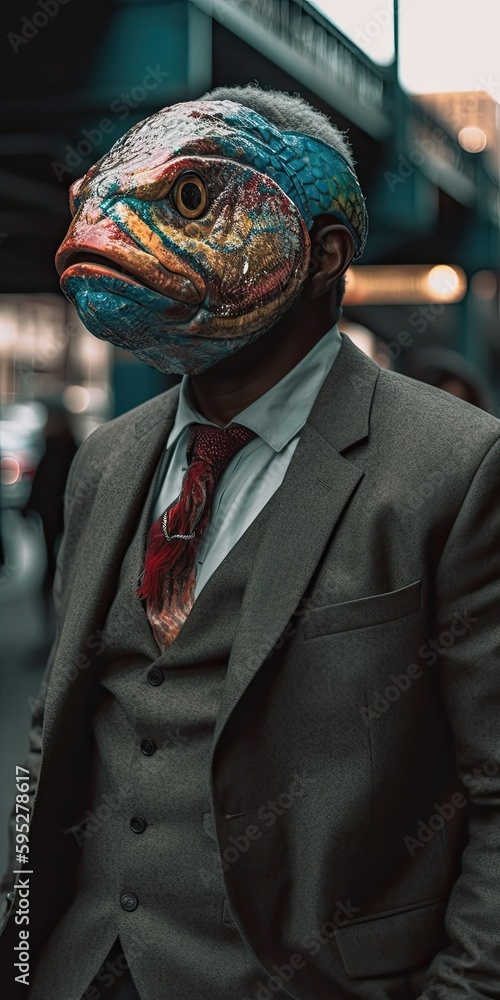 Man with a fishhead wearing a suit created using generative AI tools Man with a fishhead wearing a suit created using generative AI tools